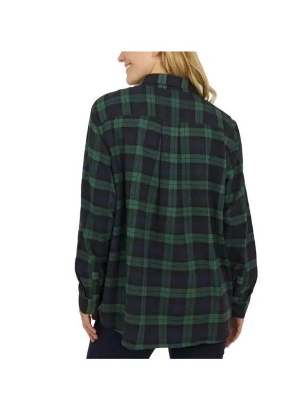 Lands' End Women's M Green & Navy Plaid Button-Up Flannel Shirt Cotton B0472 - Picture 2 of 10